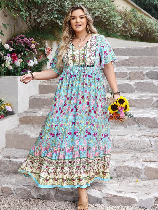 Plus Size Boho Floral V-Neck Maxi Dress