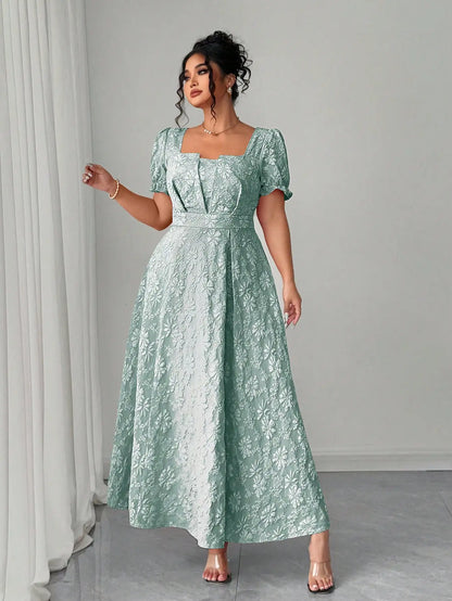 Mint Green Plus Size Floral Jacquard Maxi Dress Square Neckline, Puffed Sleeves, And Defined Waist