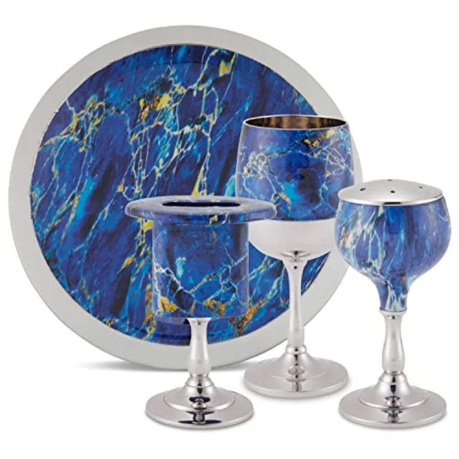 Nickel Plated Blue Marble  Havdalah Set