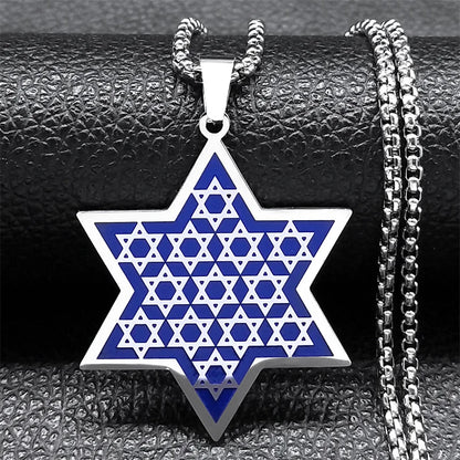 Judaica Blue Color Stainless Steel Star of David Shield Necklaces