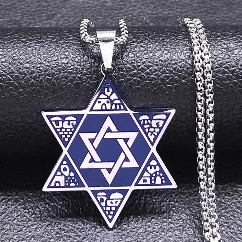 Judaica Blue Color Stainless Steel Star of David Shield Necklaces