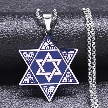 Judaica Blue Color Stainless Steel Star of David Shield Necklaces